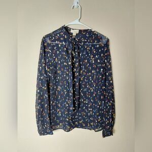 THE KORNER Long Sleeve Sheer Blouse TIE AT NECK BUTTON Gold Metallic Detail